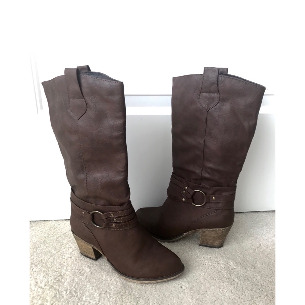 Brown Heeled Faux Leather Boots